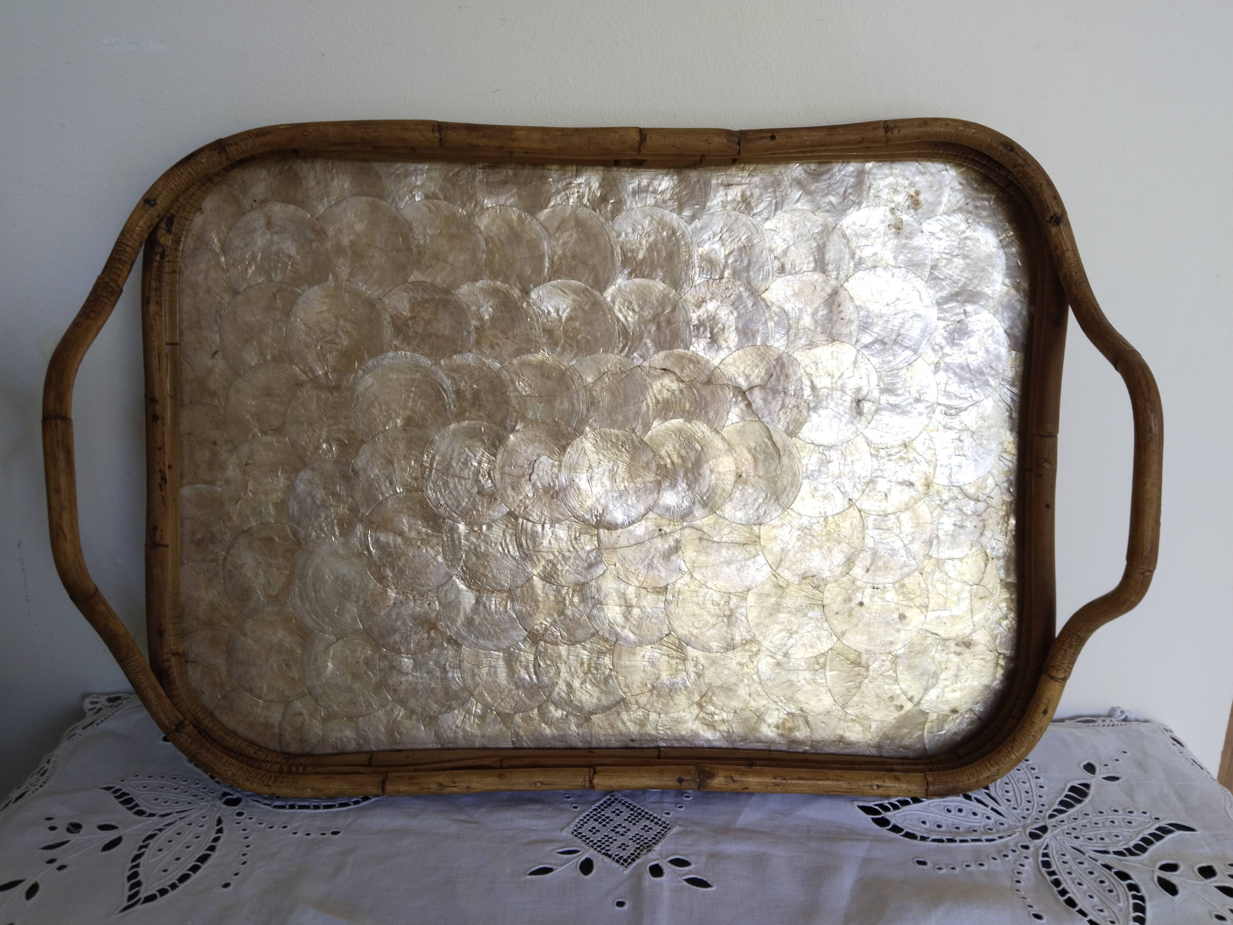 Rattan and mother-of-pearl serving tray, Capiz shell