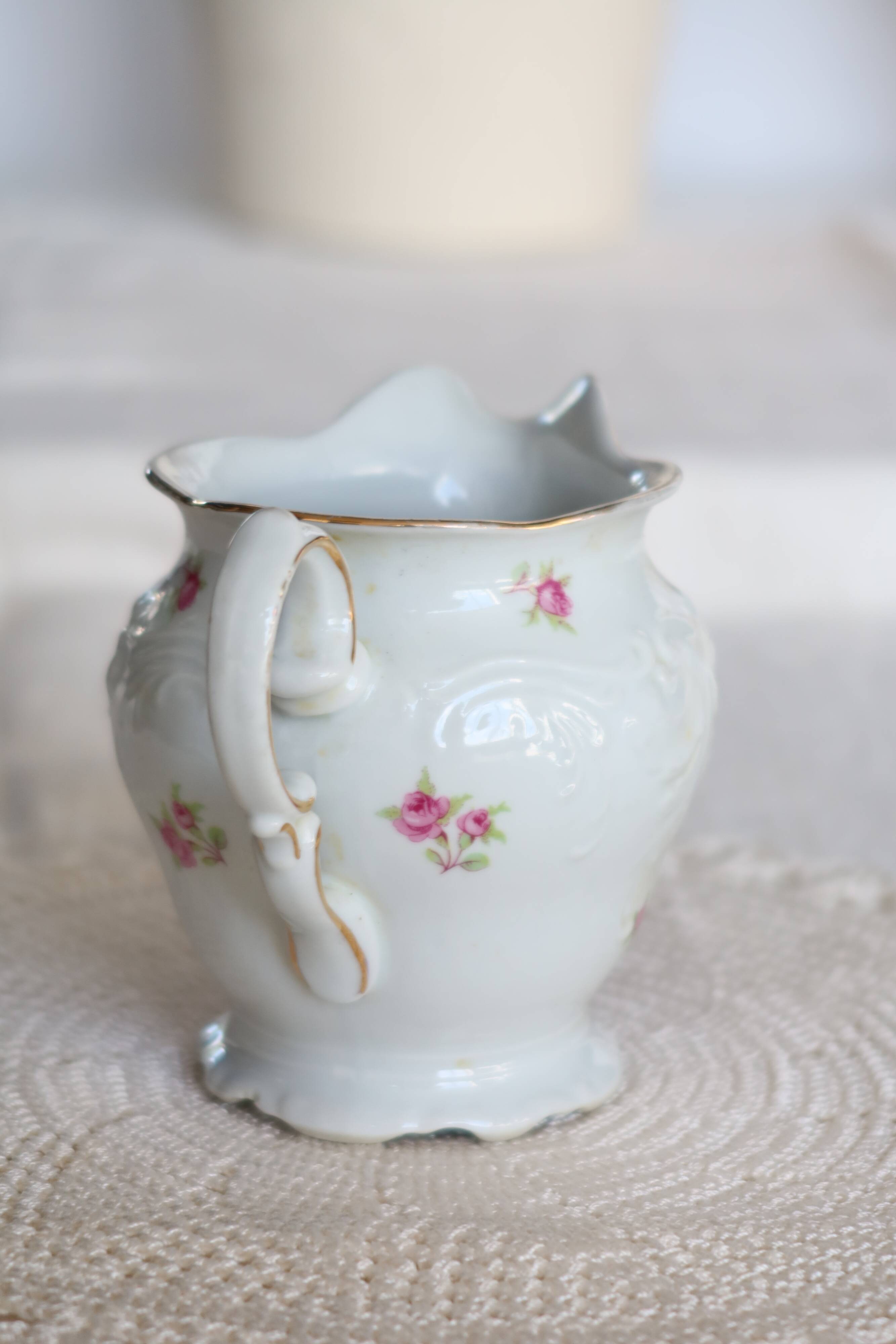 Vintage white porcelain milk jug – Romantic floral pattern