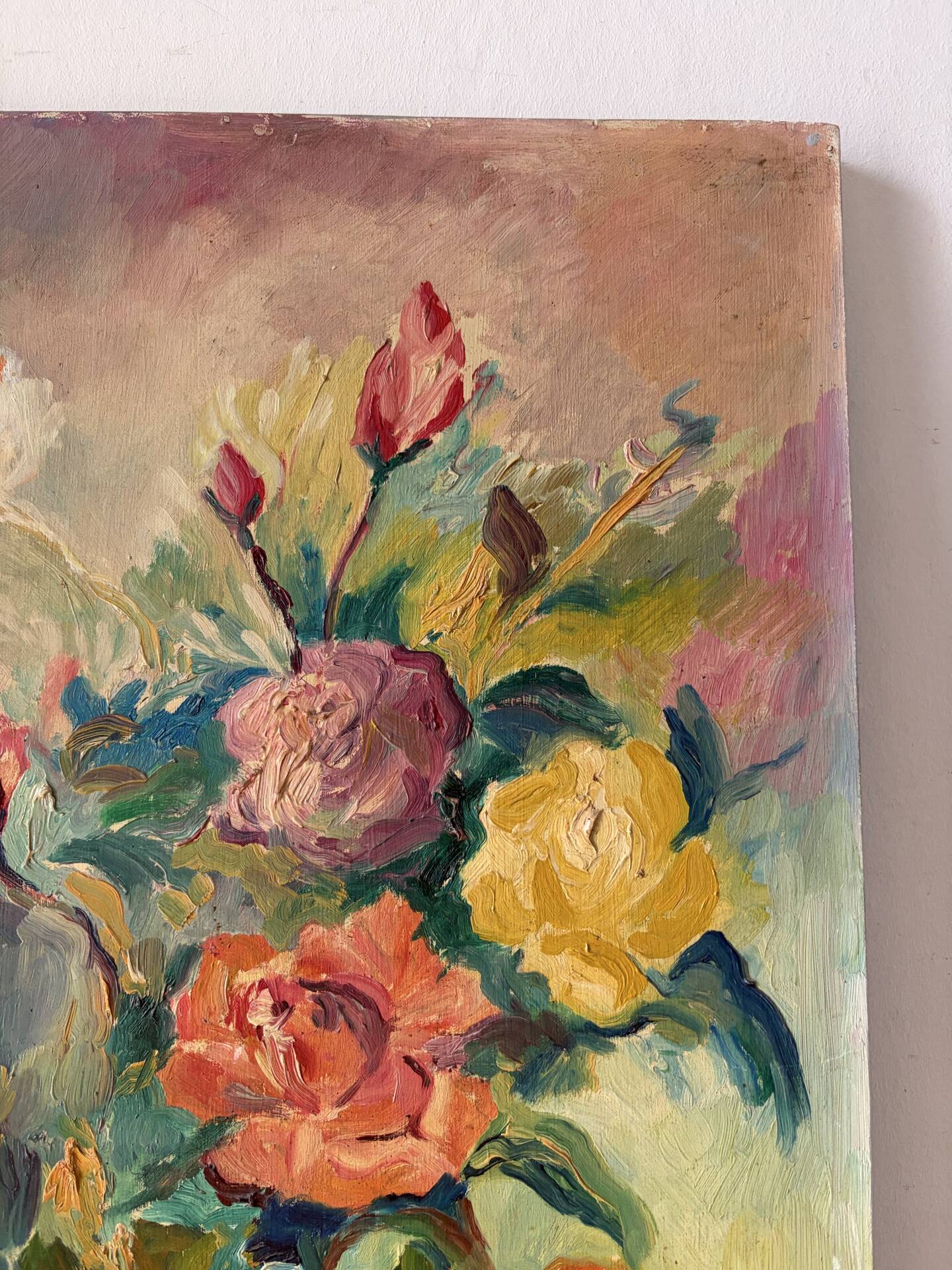 Roses, oil on panel signed Frigola 1965