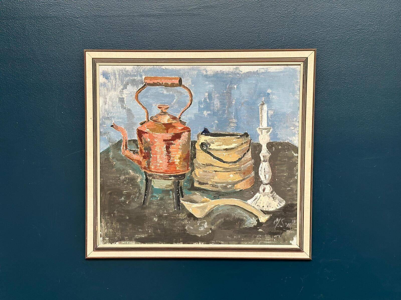 Original Mid Century Swedish Oil On Panel – “Still Life” By Ms – Vintage & Framed 66 × 61 Cm (26" × 24")