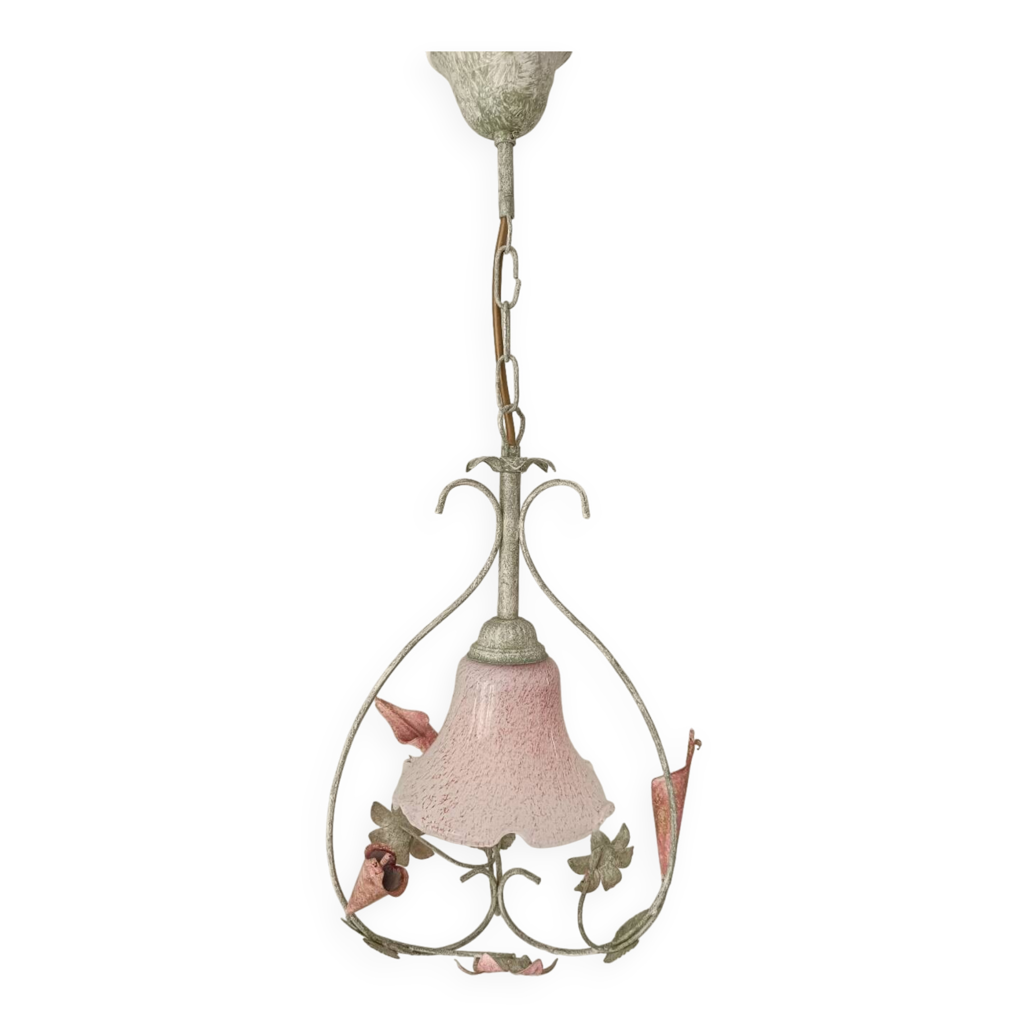 Lustre fer forgé et tulipe verre rose dépoli