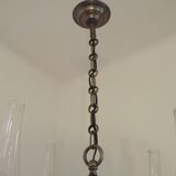 French Vintage Pewter 4 Light Flemish Chandelier Hand Blown Lantern Shades 5104