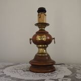 French Mid Century Round Turned Wood Lamp Base With Gold 1852 Tag & Handles