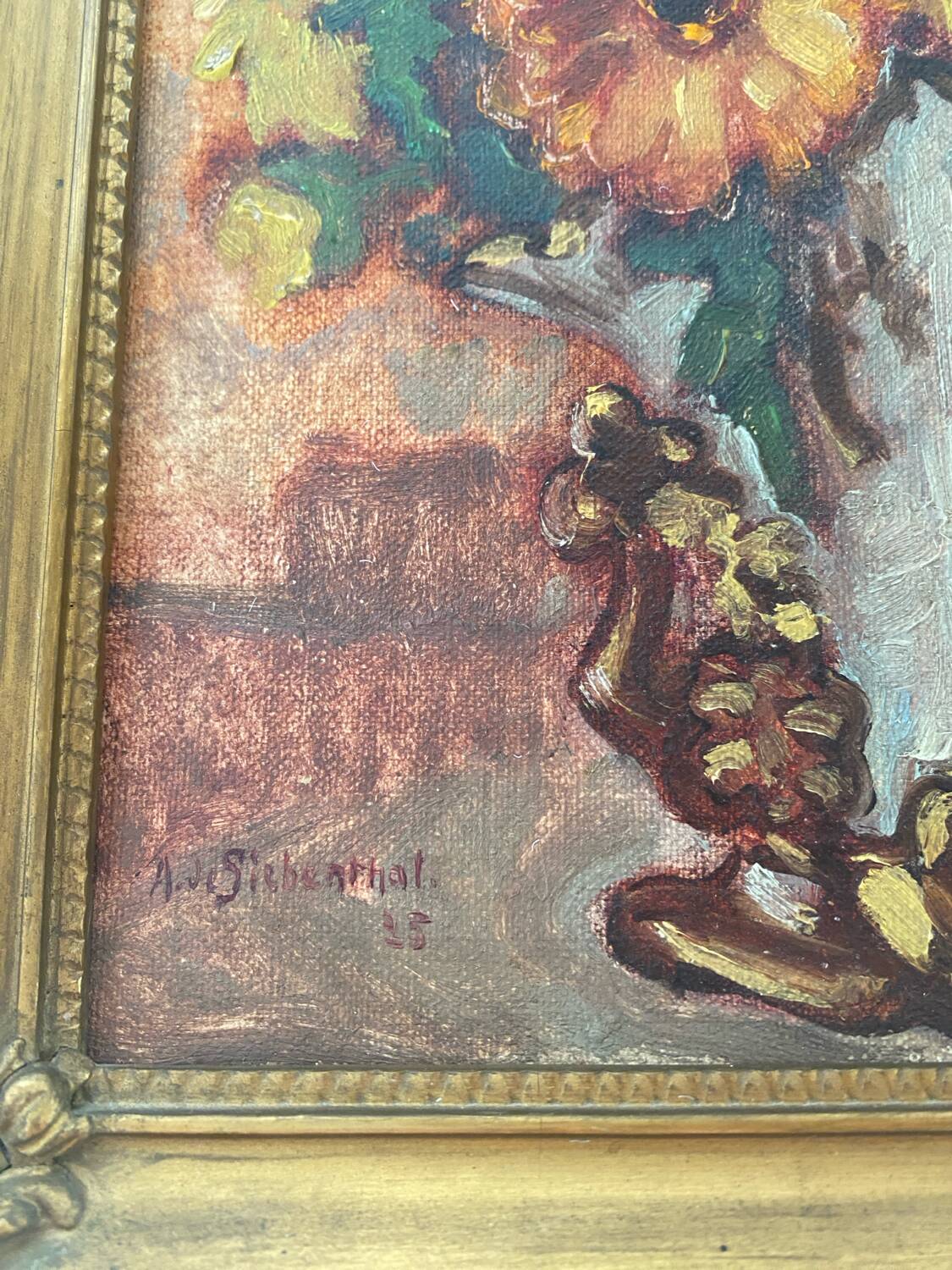 Huile sur panneau ancienne encadrée bouquet de fleurs