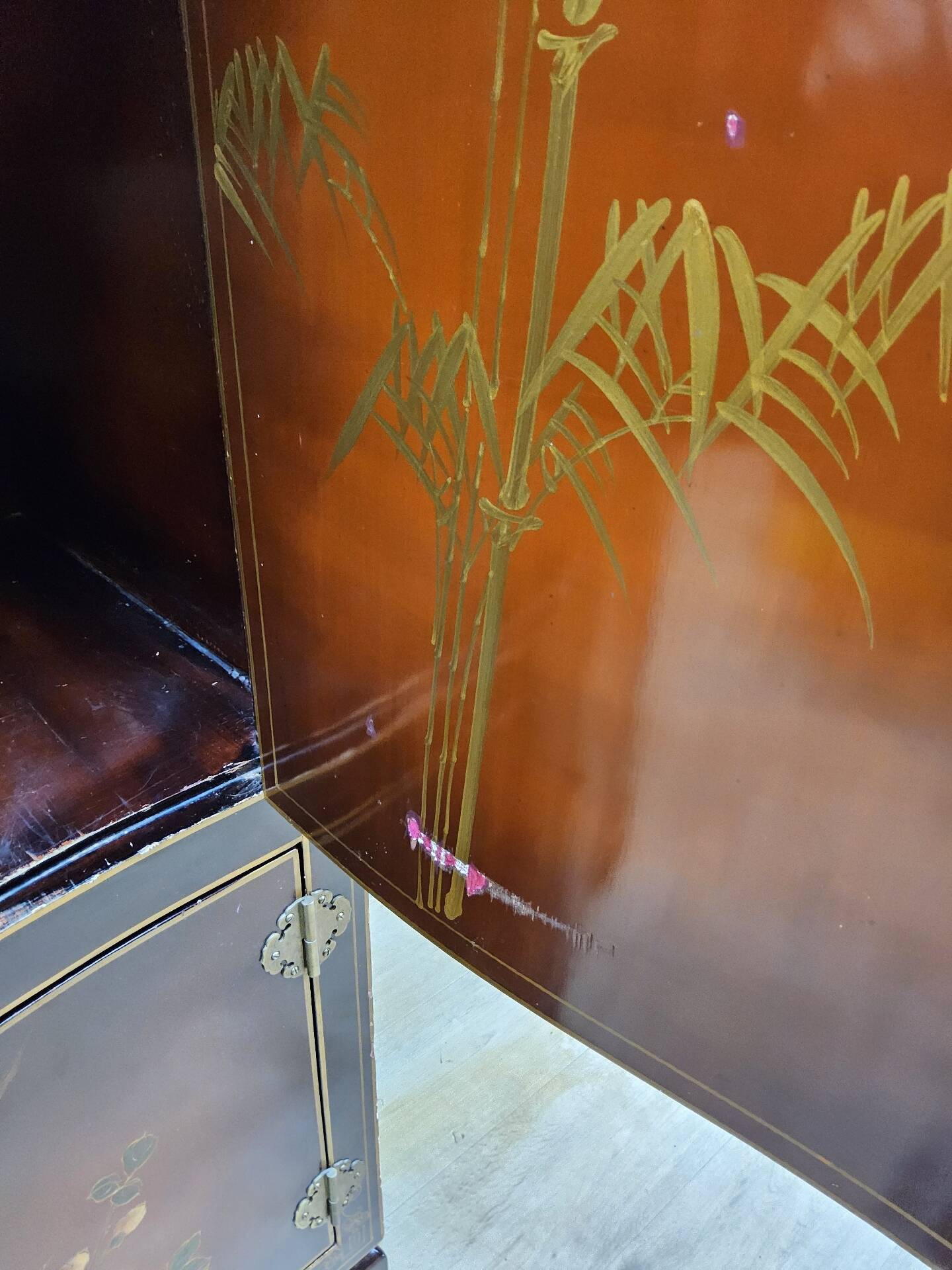 Vintage Chinese red and gold cabinet with flowers and birds (lacquer cabinet)