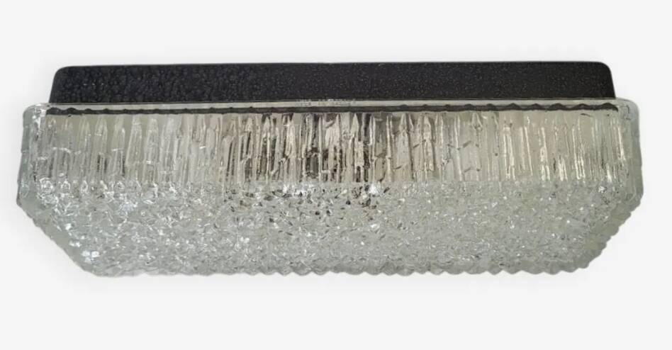 LARGE APPLIQUE OR CEILING LIGHT IN INDUSTRIAL VINTAGE HOLOPHANE GLASS