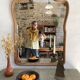 Art nouveau mirror, curved wooden frame and chiseled glass
