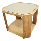 Table d'appoint octogonale en bois des années 80 avec plateau en verre sur roulettes