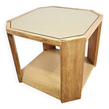 Table d'appoint octogonale en bois des années 80 avec plateau en verre sur roulettes
