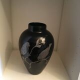 Black opaline vase with pewter branch and birds