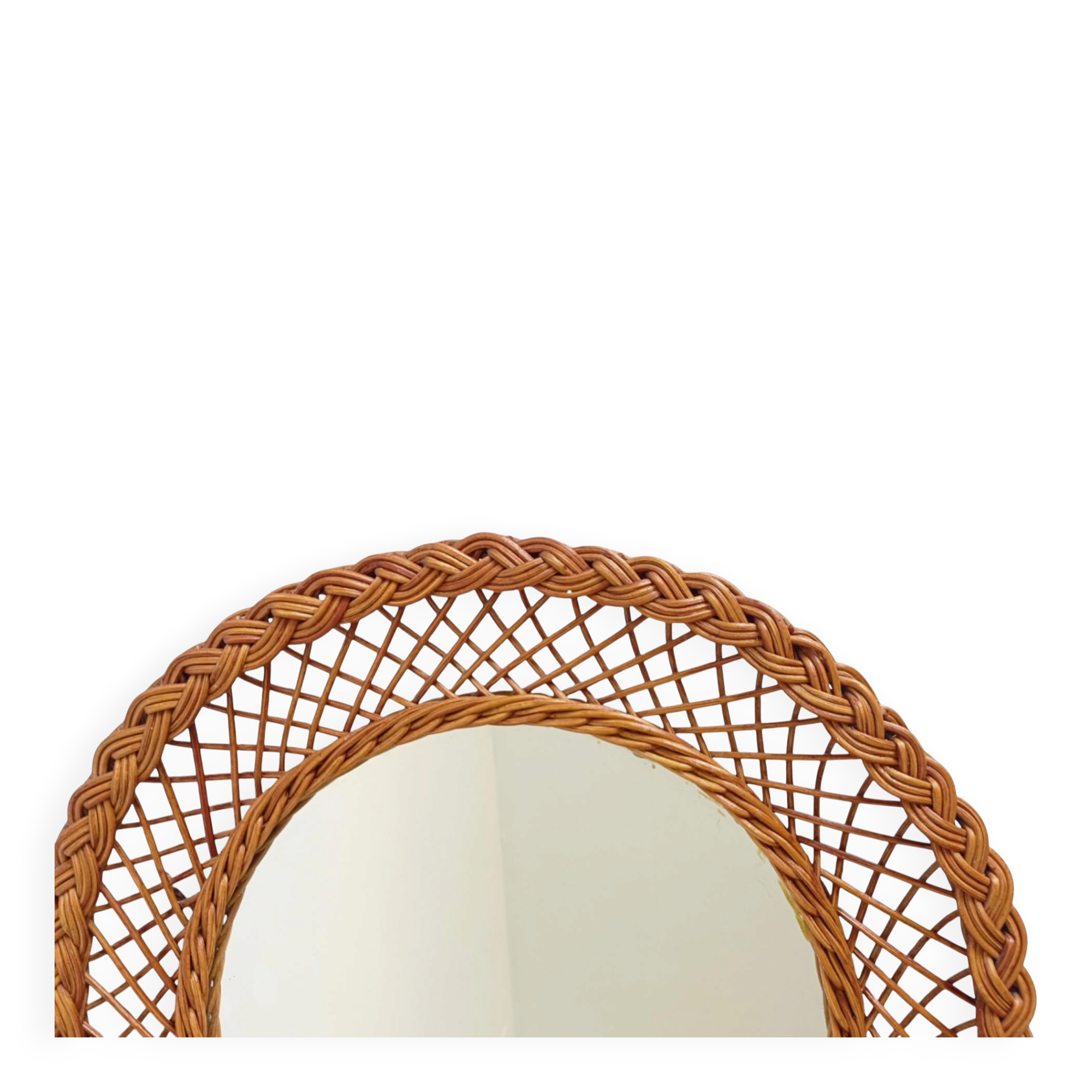 Rustic French Provence Wicker Round Mirror, Organic Modern, Handmade, France