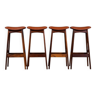 Mid-Century Bar Stools in Rosewood and Leather by Erik Buch for Dyrlund, Set of 4