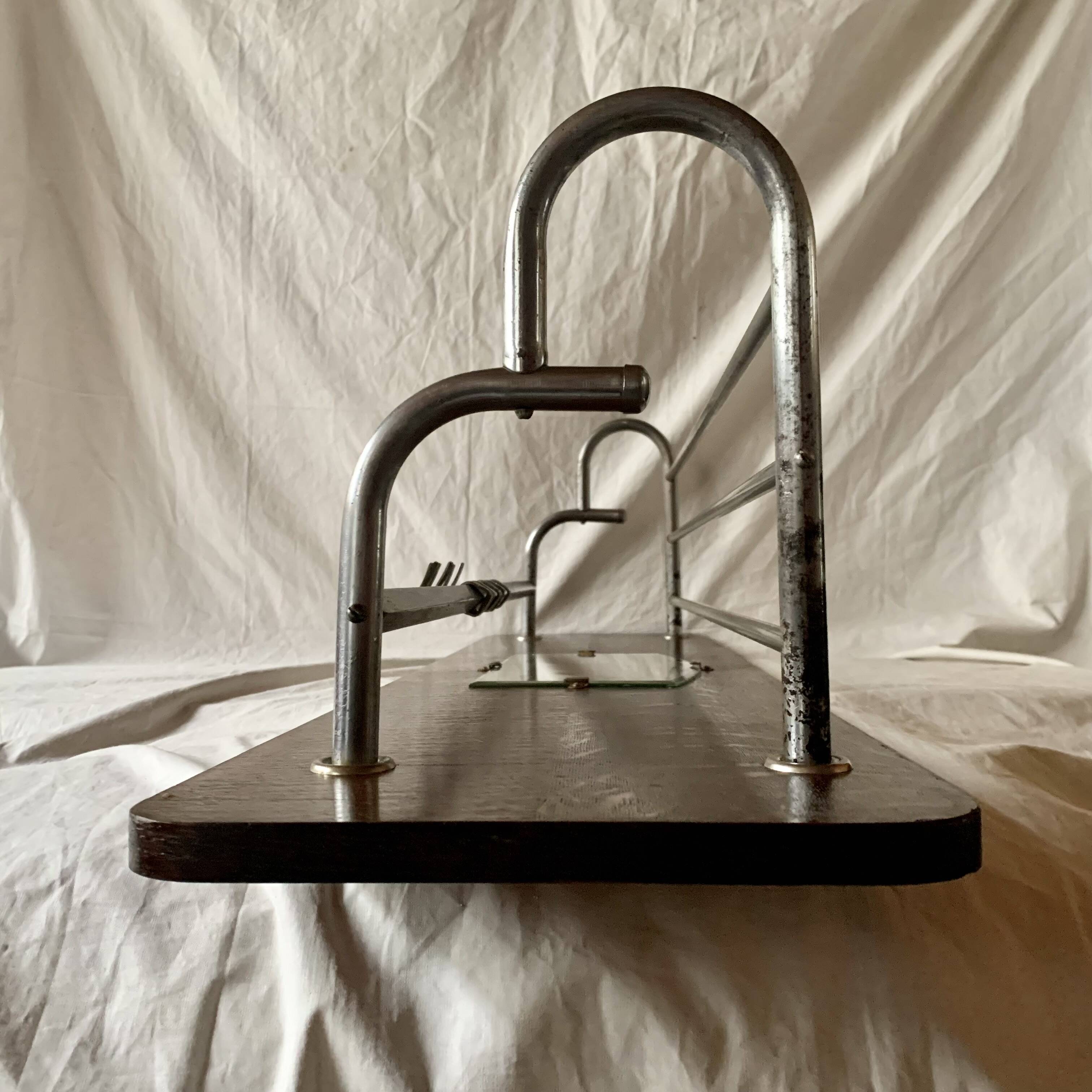 Large Art Deco wall-mounted coat rack in wood and chrome metal with mirror