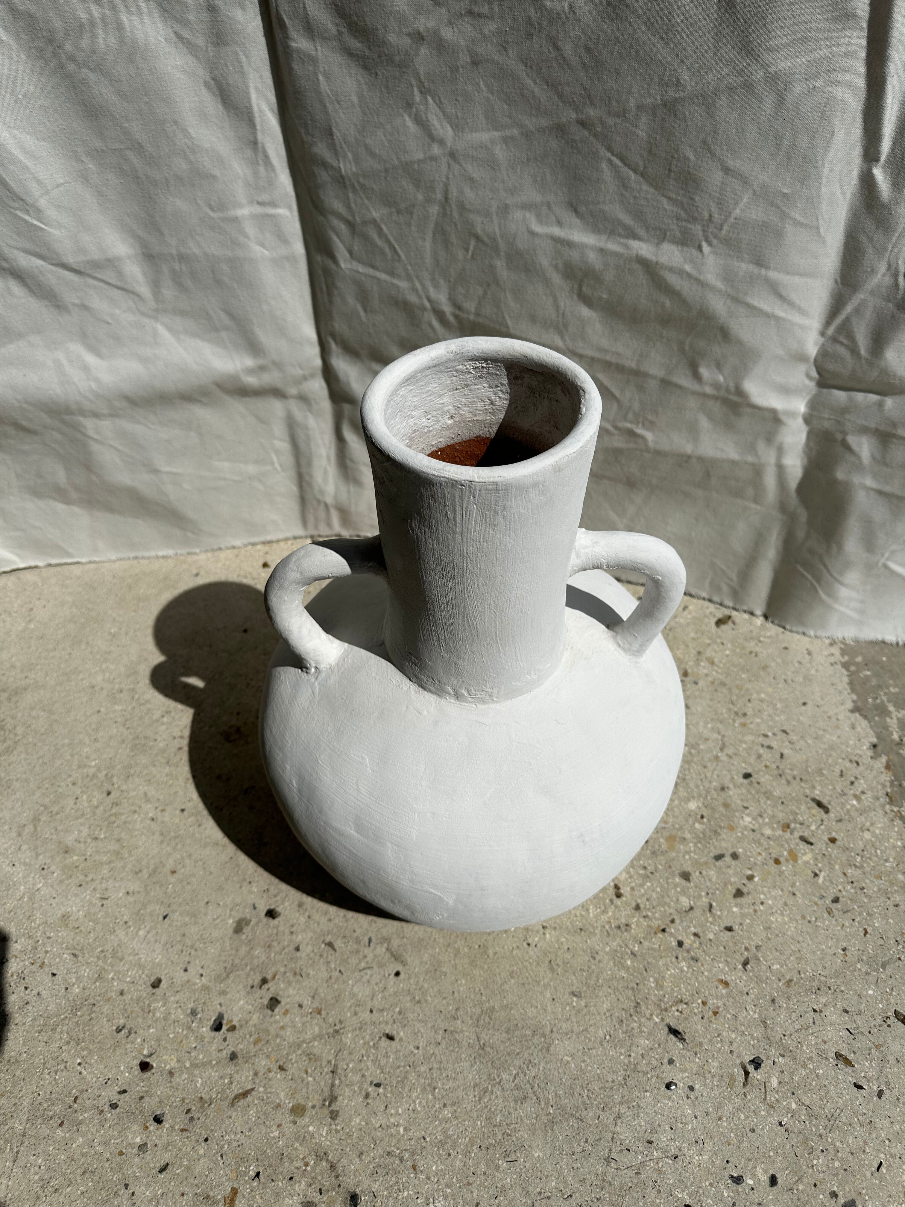 Handcrafted terracotta vase painted white with double handles h:40 d:30