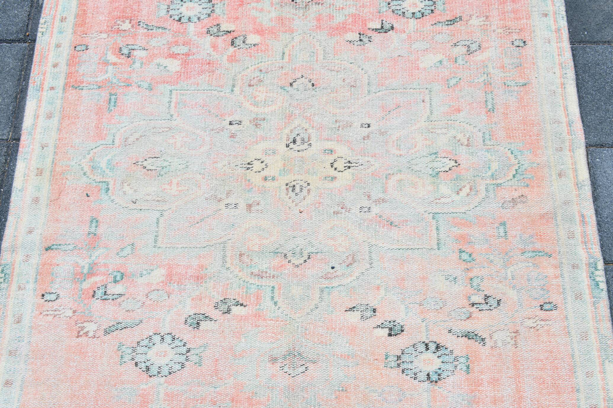 5x8 Turkish Vintage Oushak Rug, Coral Pink Area Rug For Bedroom, 147x241 Cm