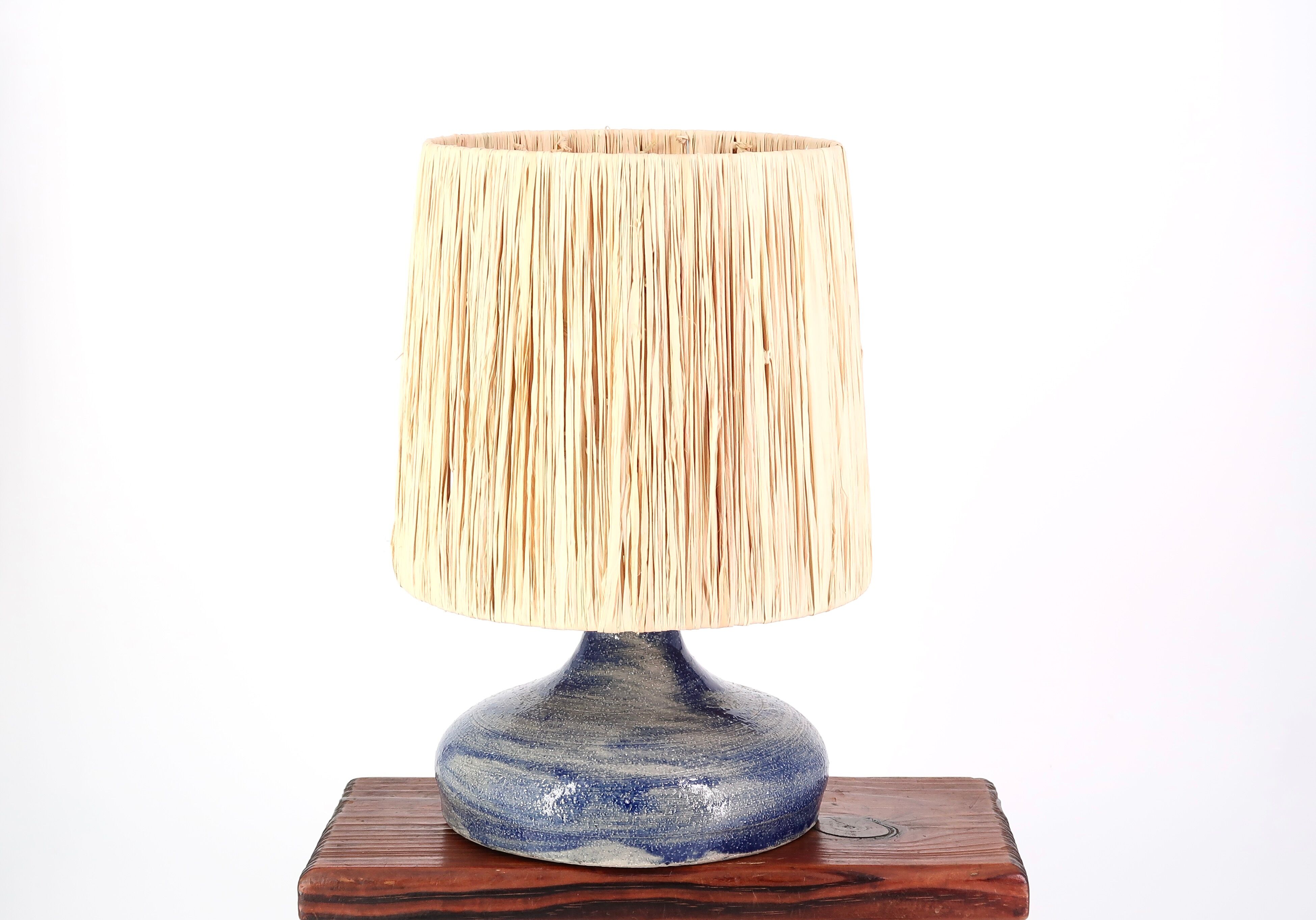Blue sandstone lamp, raffia lampshade, 1960s