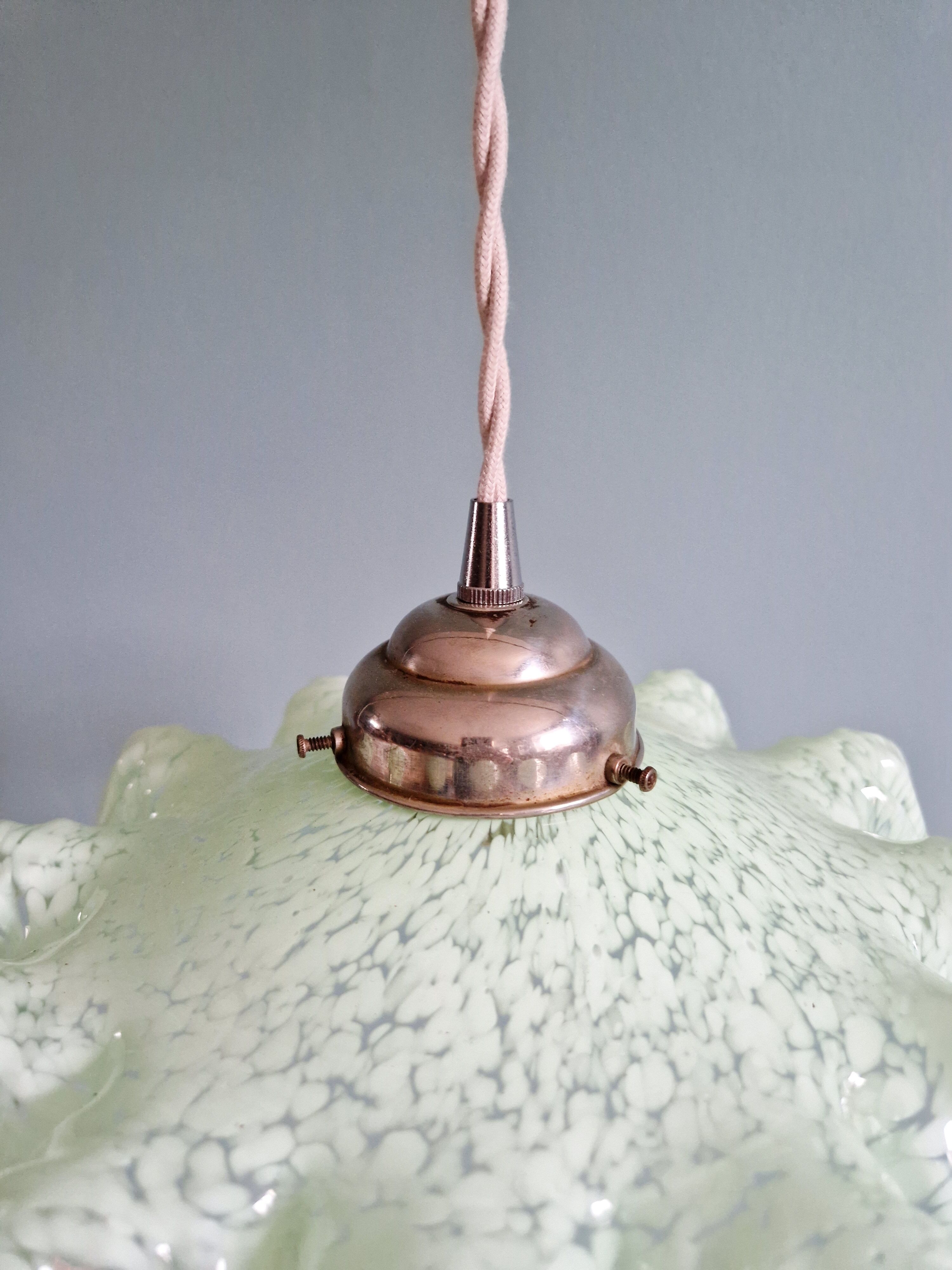 Art Deco pendant light in speckled green and white pleated glass, 1920s-30s.