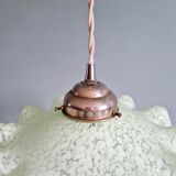 Art Deco pendant light in speckled green and white pleated glass, 1920s-30s.