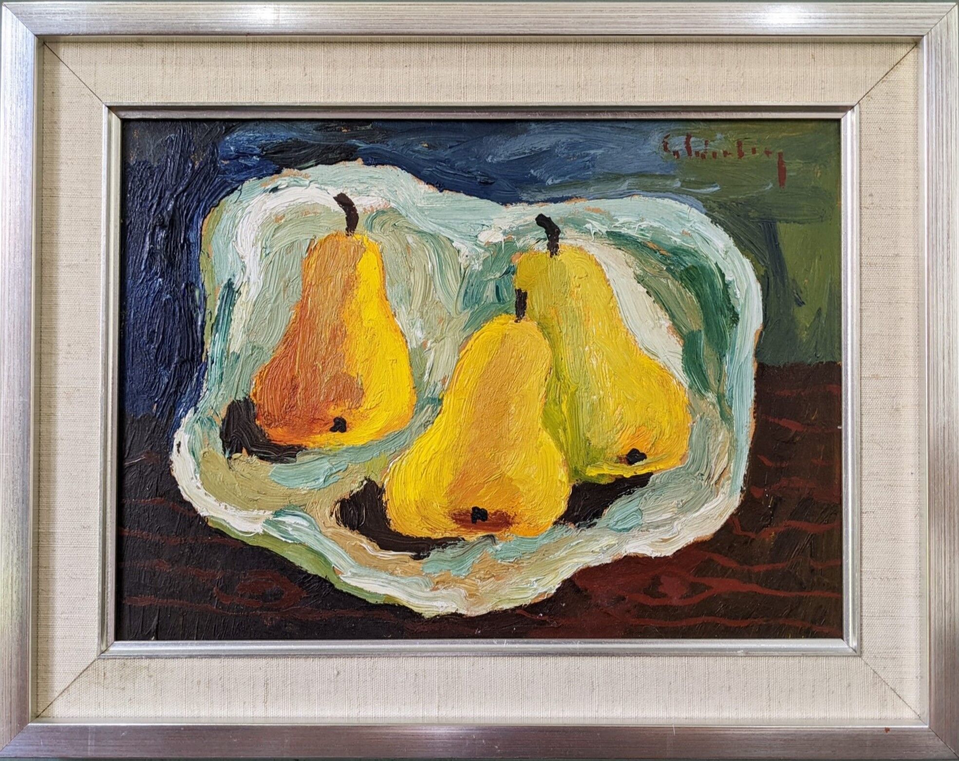 Mid-Century Modern Swedish "Luminous Pears" by Eric Cederberg, Framed Still Life Oil Painting