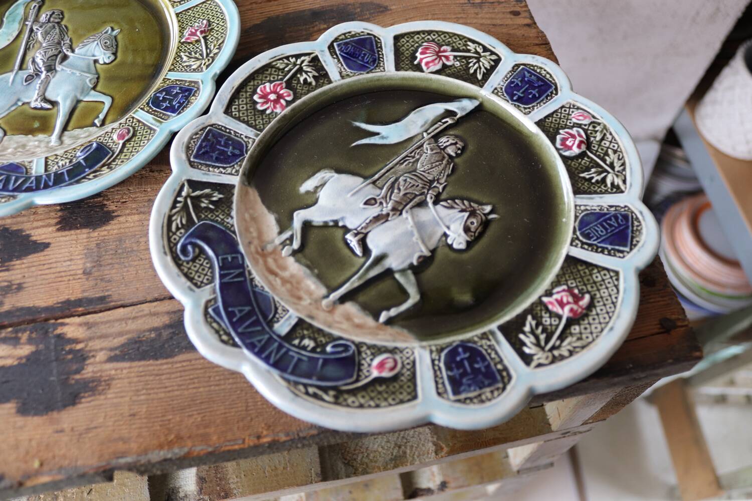 3 antique barbotine plates featuring Joan of Arc "En Avant"