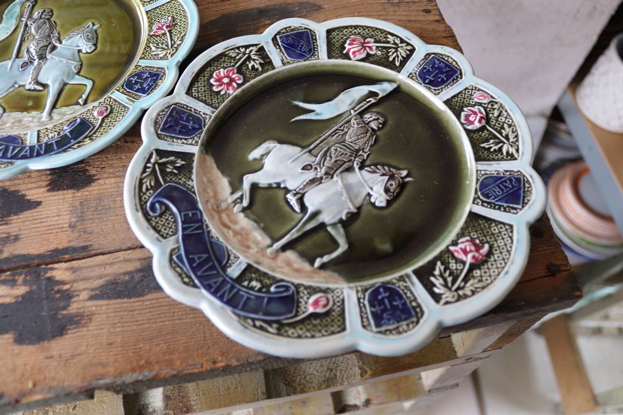 3 antique barbotine plates featuring Joan of Arc "En Avant"