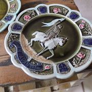 3 antique barbotine plates featuring Joan of Arc "En Avant"