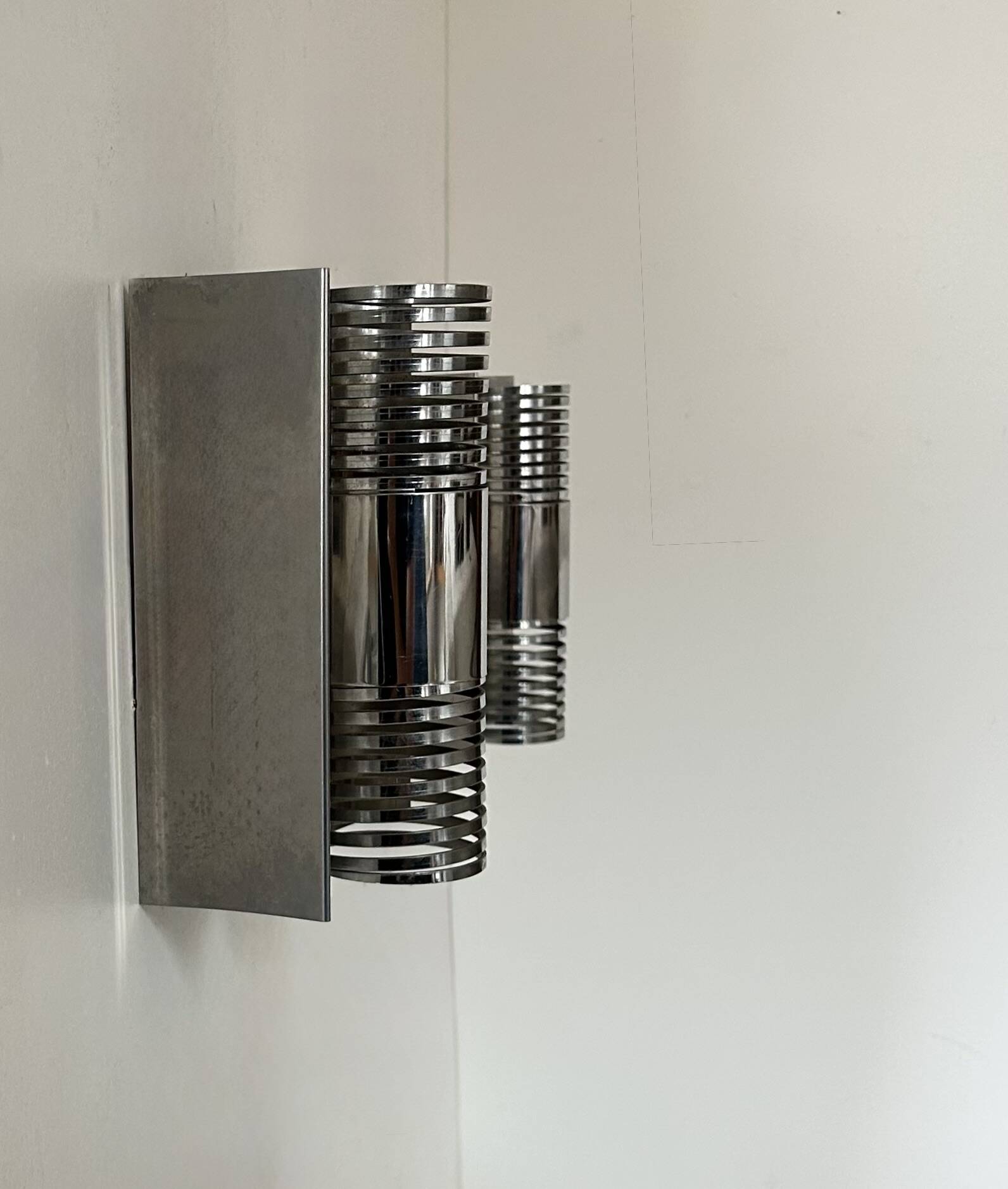 Pair of vintage chrome metal wall lights, France 1970