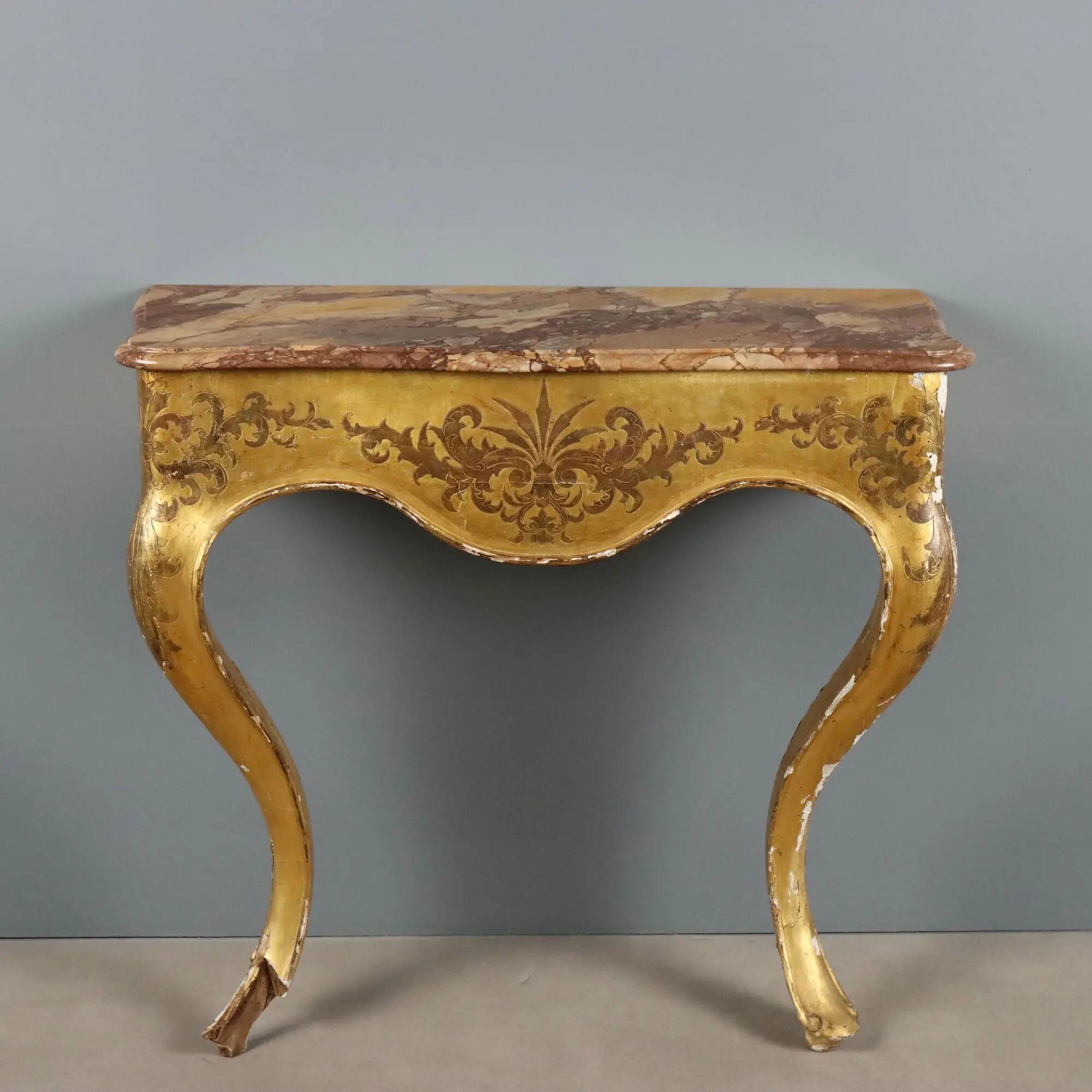 Antique gilded wooden console with marble top, Italy, 19th century.