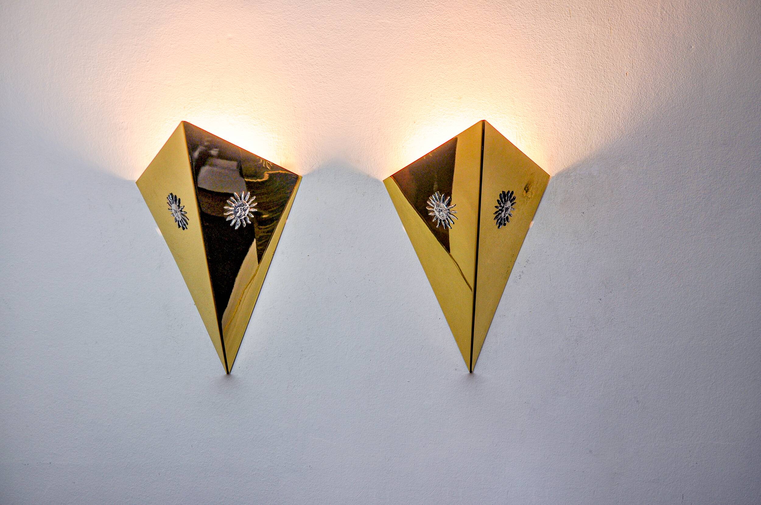 Pair of “Soleil” wall lights by Italo Valenti, brass and silver, Spain 1970