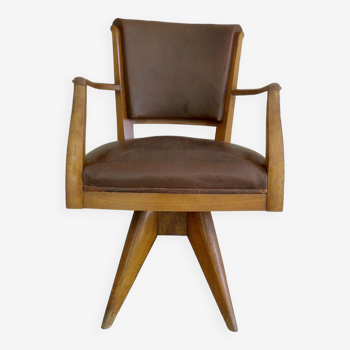 Vintage rotating office armchair in wood and leather from the 40s/50s
