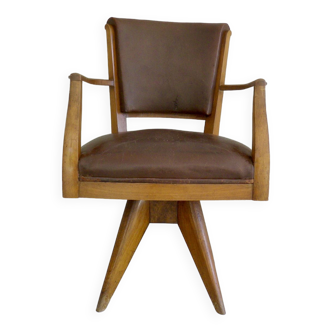 Fauteuil de bureau tournant bois et cuir vintage années 40 / 50