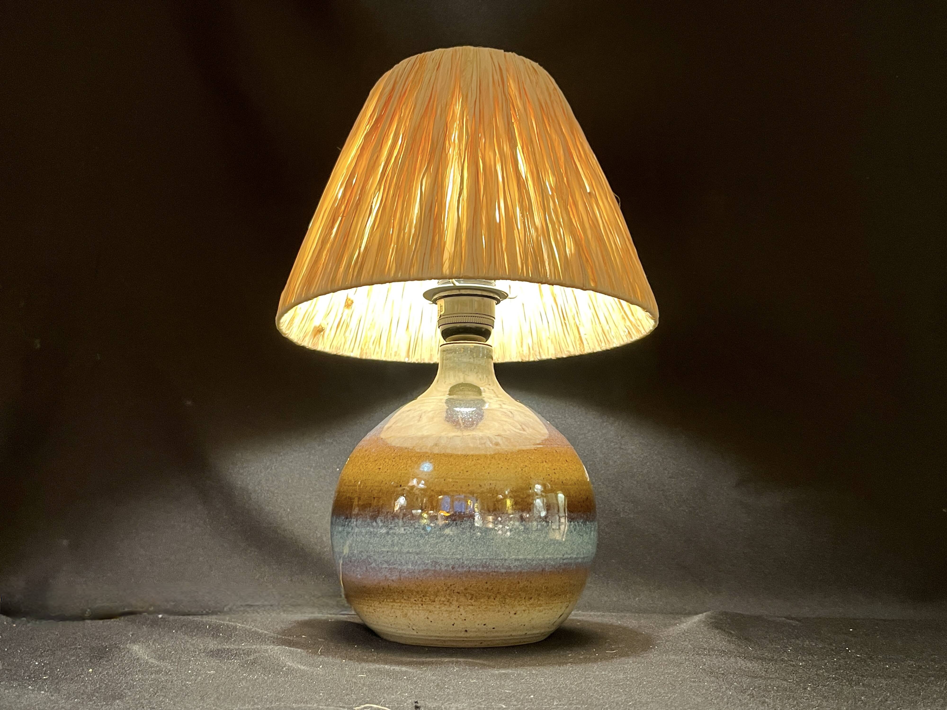 Vintage stoneware ceramic lamp signed JM, 1970s/80s, bohemian raffia rope lampshade