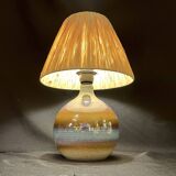 Vintage ceramic stoneware lamp signed JM 70s 80s bohemian raffia rope lampshade