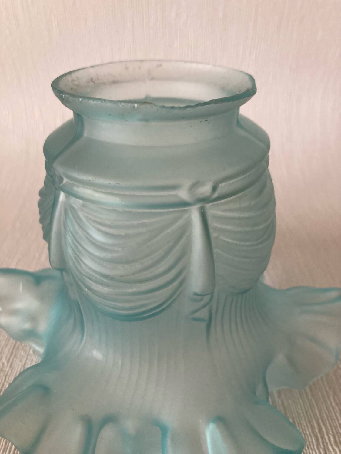 Antique tulip lampshade in blue frosted glass with pleated crown