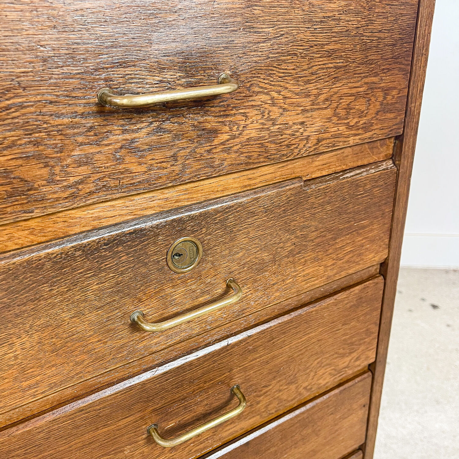 Vintage oak shop jewellery display counter with drawers
