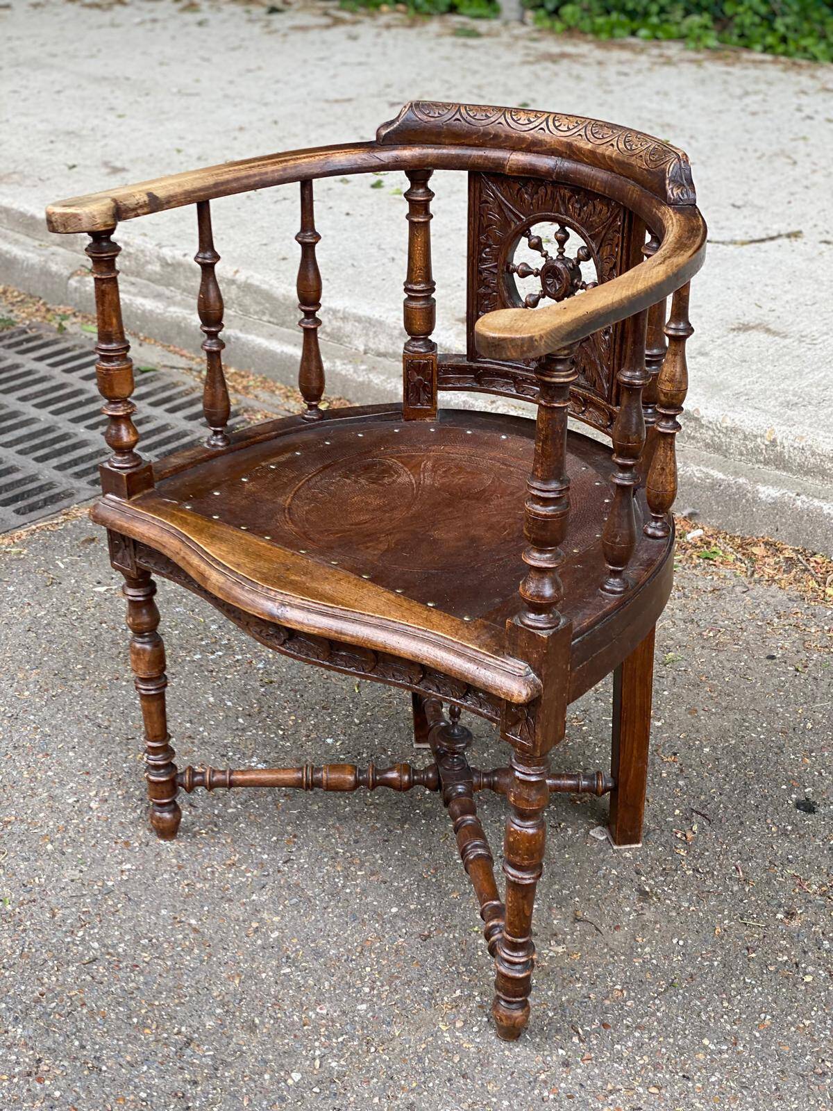 18th century Breton office chair in solid curved and carved wood