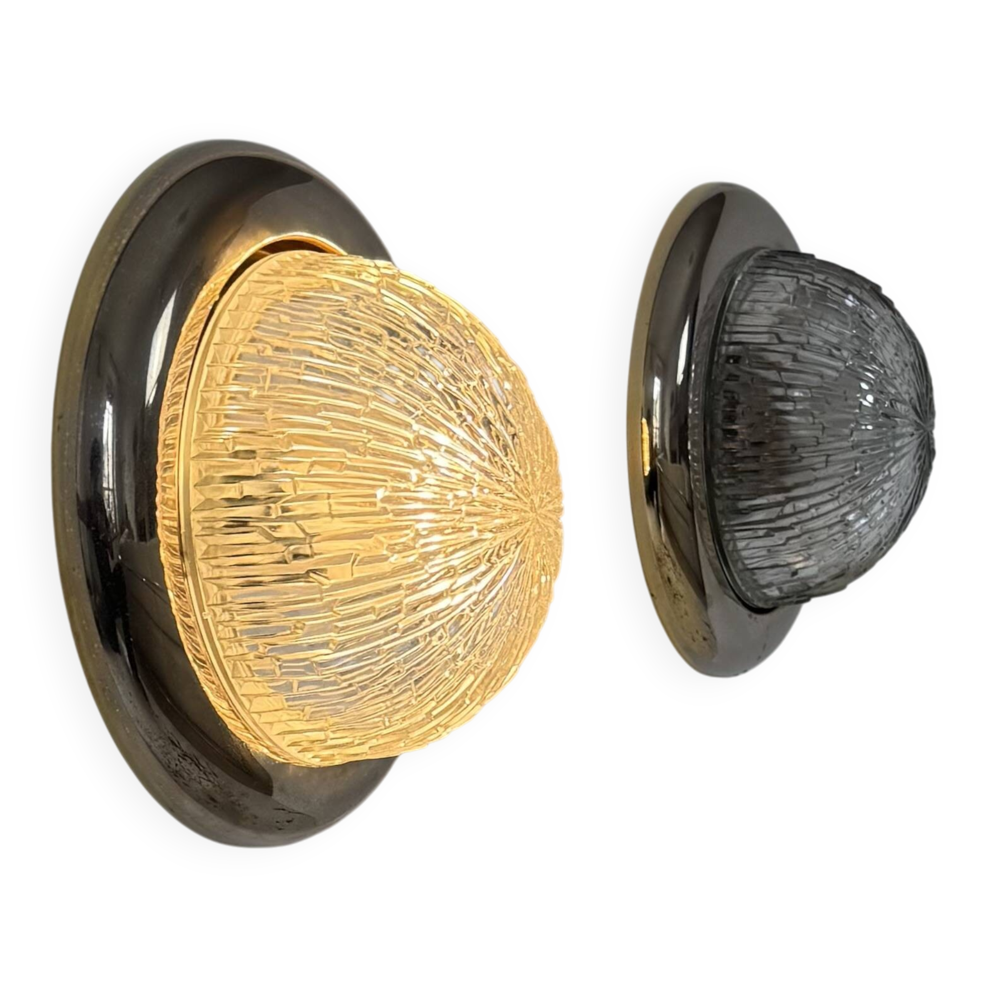 Pair of vintage wall lights, brass and pressed moulded glass, France, 1960.