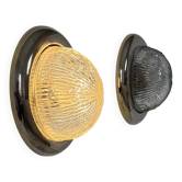 Pair of vintage wall lights, brass and pressed moulded glass, France, 1960.