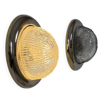 Pair of vintage wall lights, brass and pressed moulded glass, France, 1960.