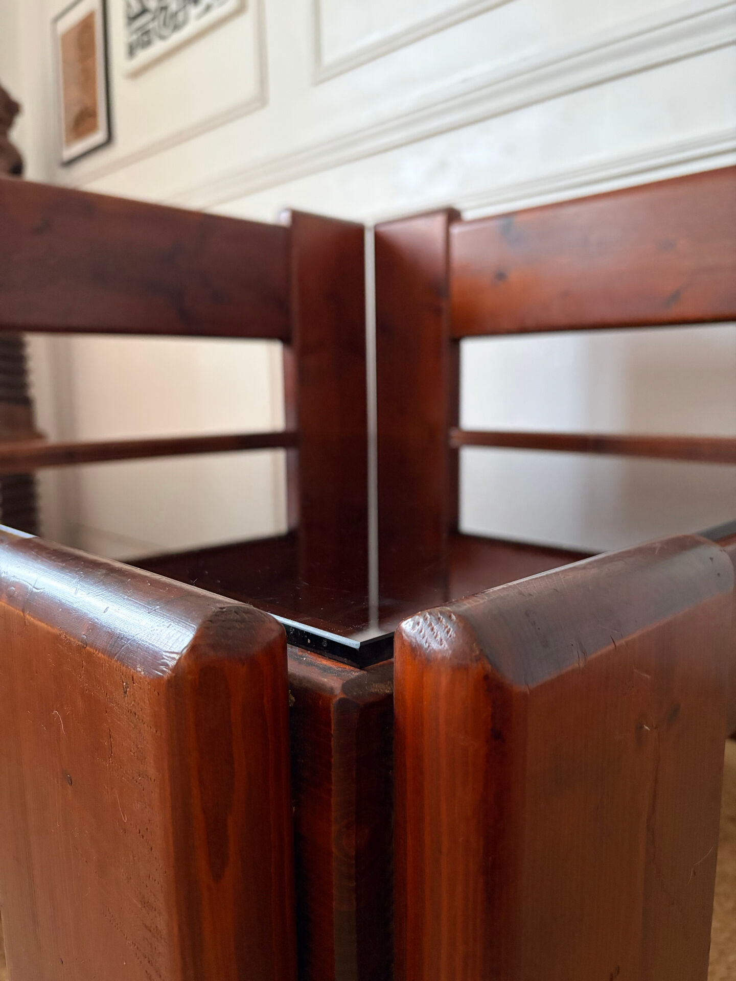 Modernist coffee table in wood and smoked glass.