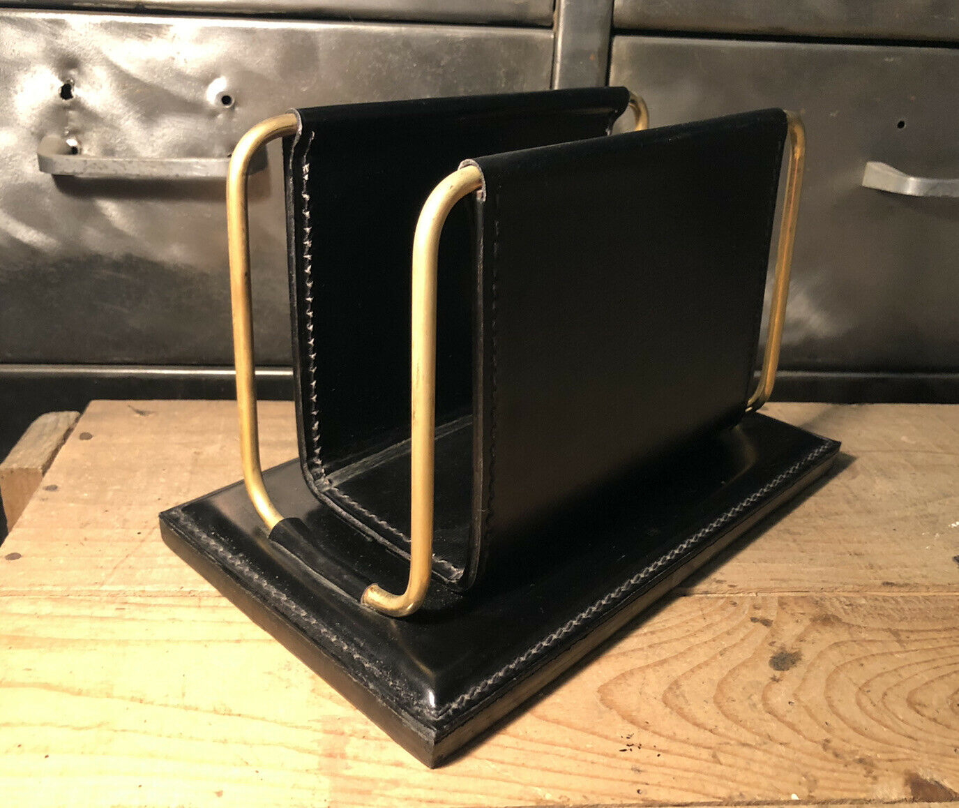 Vintage leather and brass office mail holder