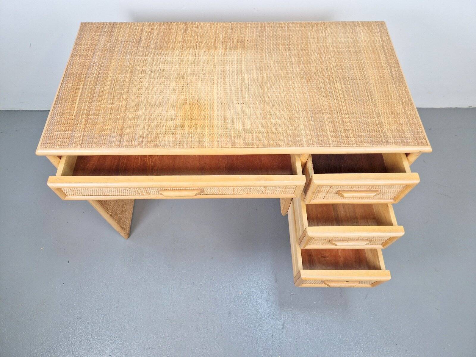 Vintage French Bamboo Rattan Desk with Drawers, 1970s