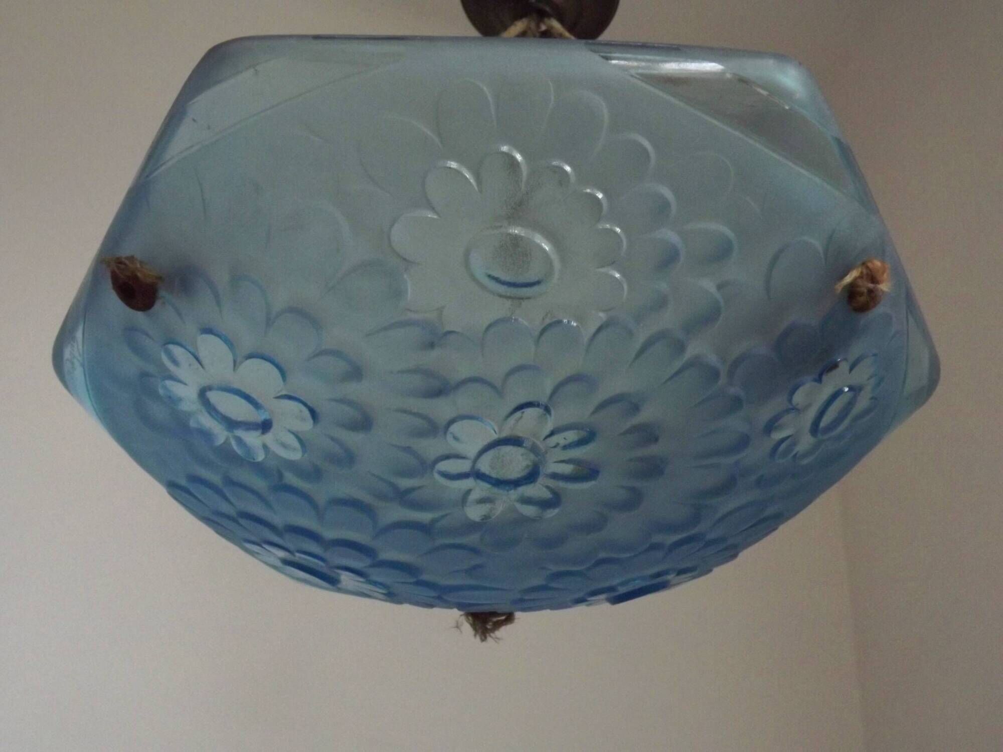 French Art Deco Degué Ice Blue Hexagonal Glass Pendant Ceiling Light