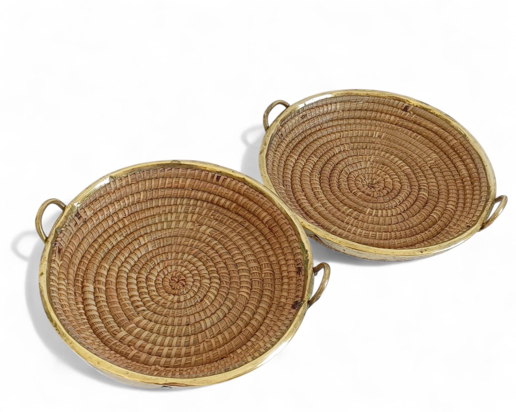 1970s Gabriella Crespi Style Handmade Natural Fiber and Brass Trays