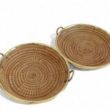 1970s Gabriella Crespi Style Handmade Natural Fiber and Brass Trays