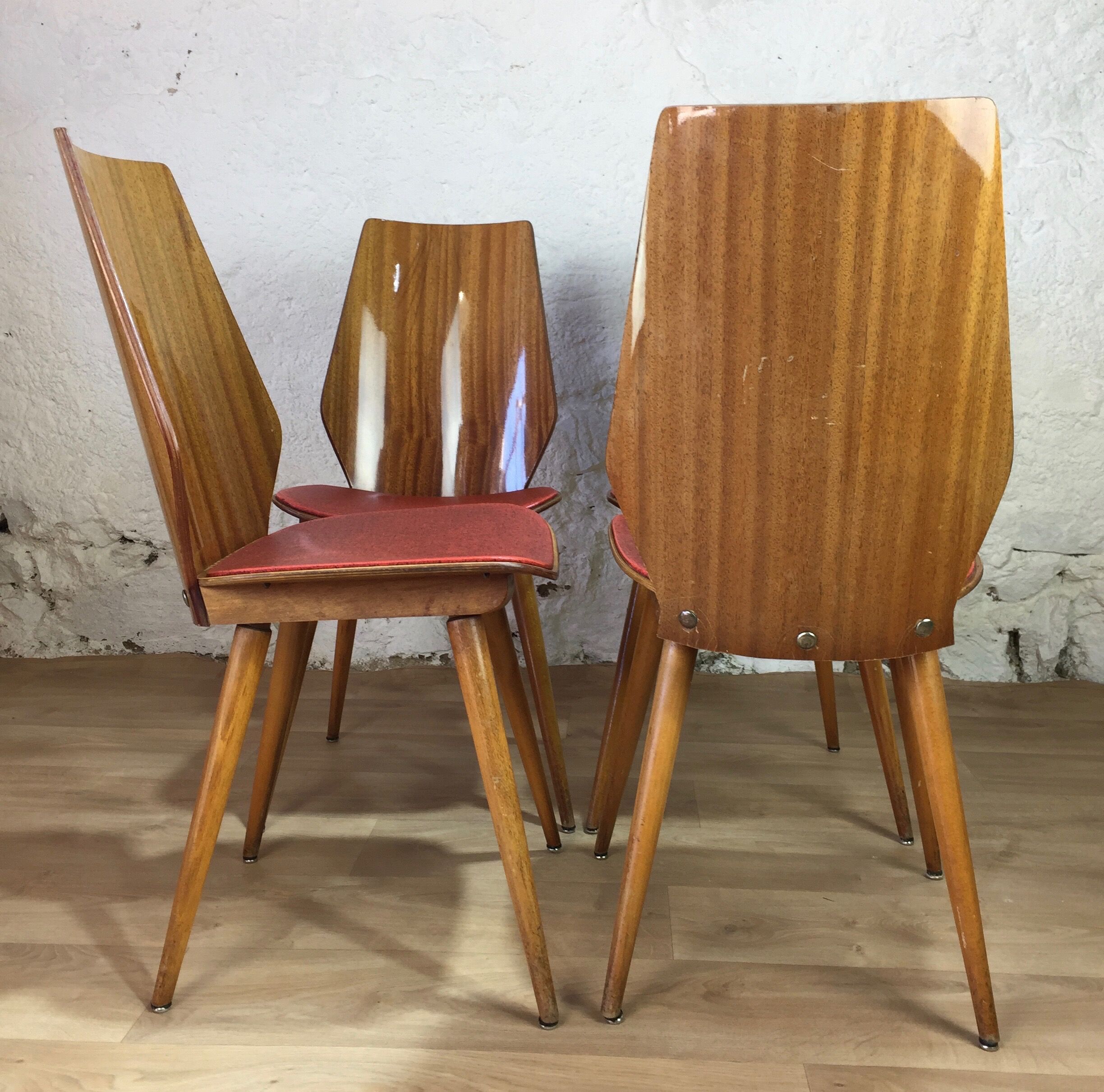 Lot of 4 chairs 1960s skai red compass feet