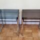 Paire de tables de chevet en plexiglas et chrome bleue et fumé, années 70