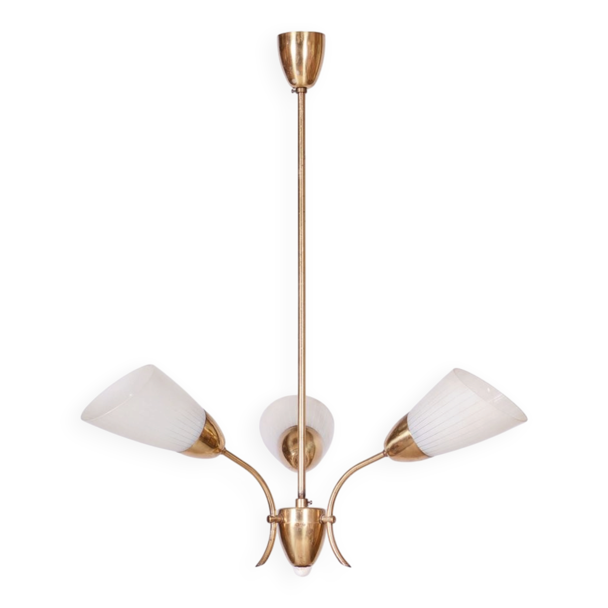 Mid-Century Chandelier in Brass and Frosted Glass, Czech, 1950s