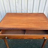 Bureau ancien en pitchpin, pieds tournés, tiroir – superbe patine