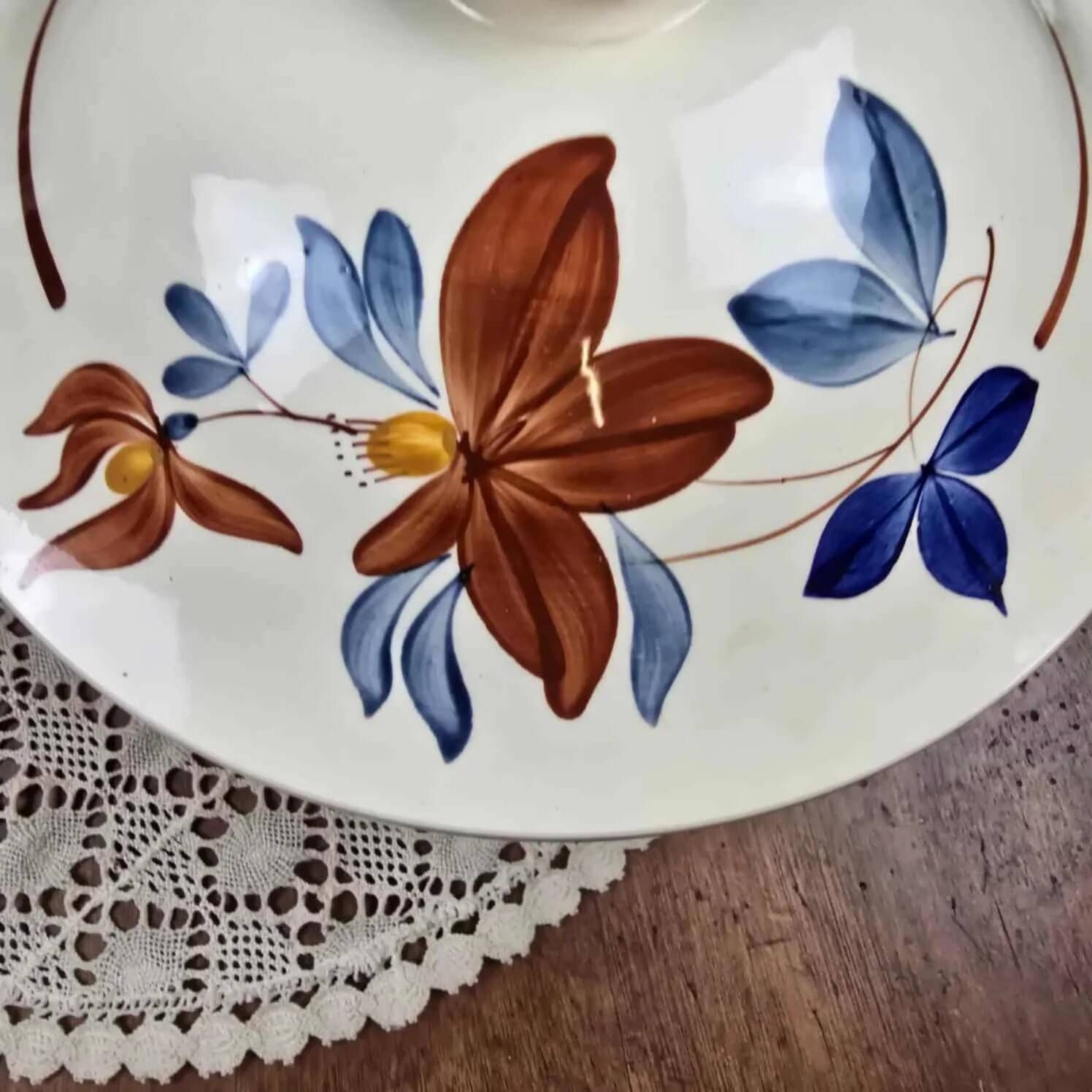 Large vintage soup tureen Digoin Sarreguemines – Brown and blue floral decoration
